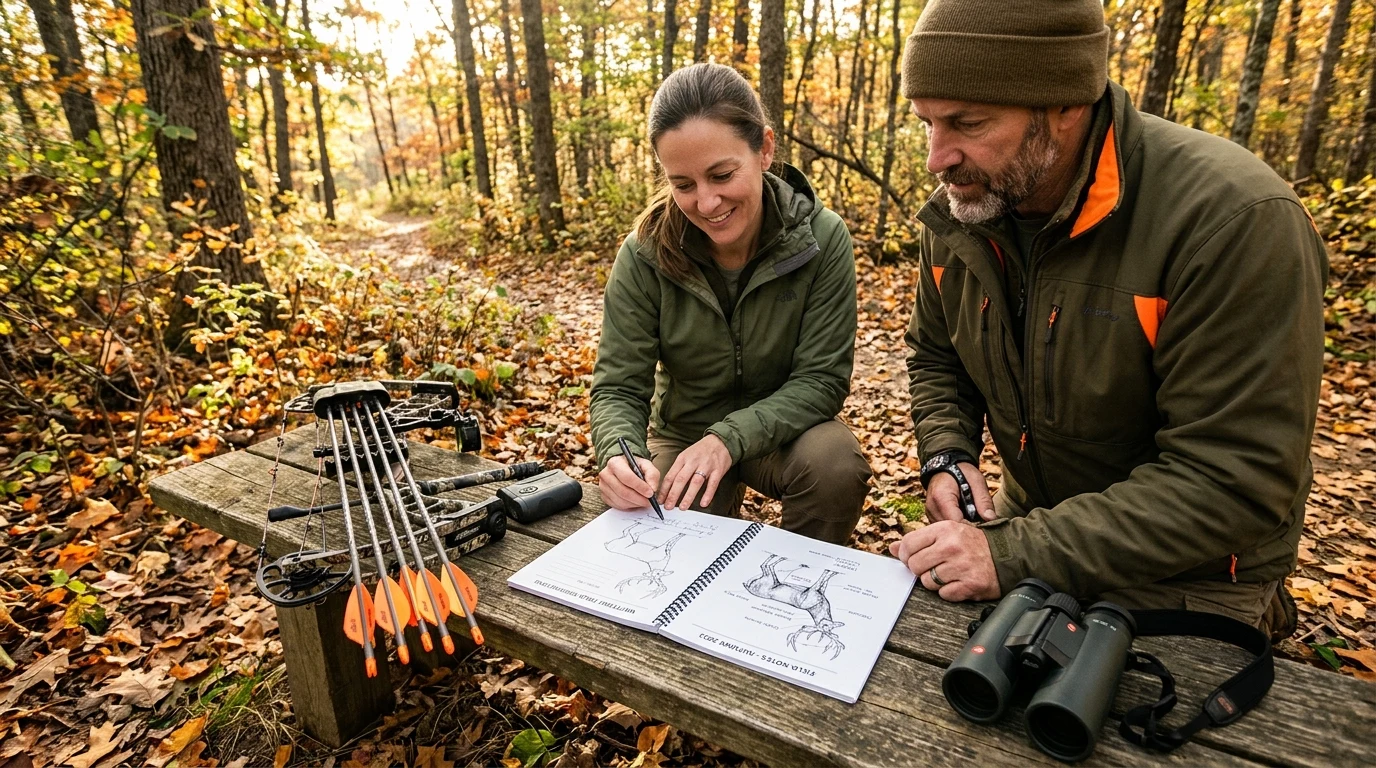 Outdoor researchers examining whitetail anatomical field guide